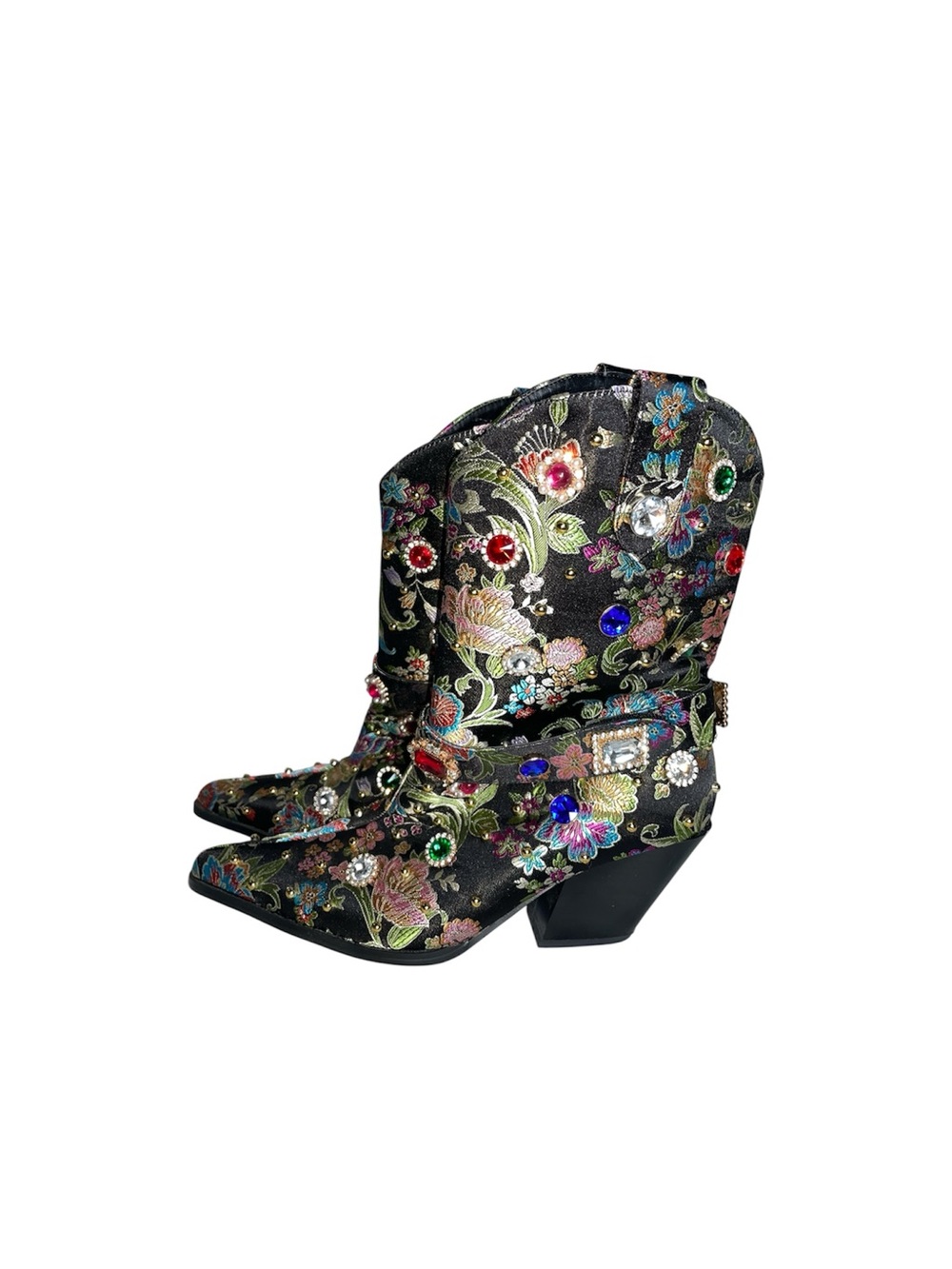 Azalea Wang Diligent Black Floral Rhinestone Cowboy Boots Sz 8 Statement